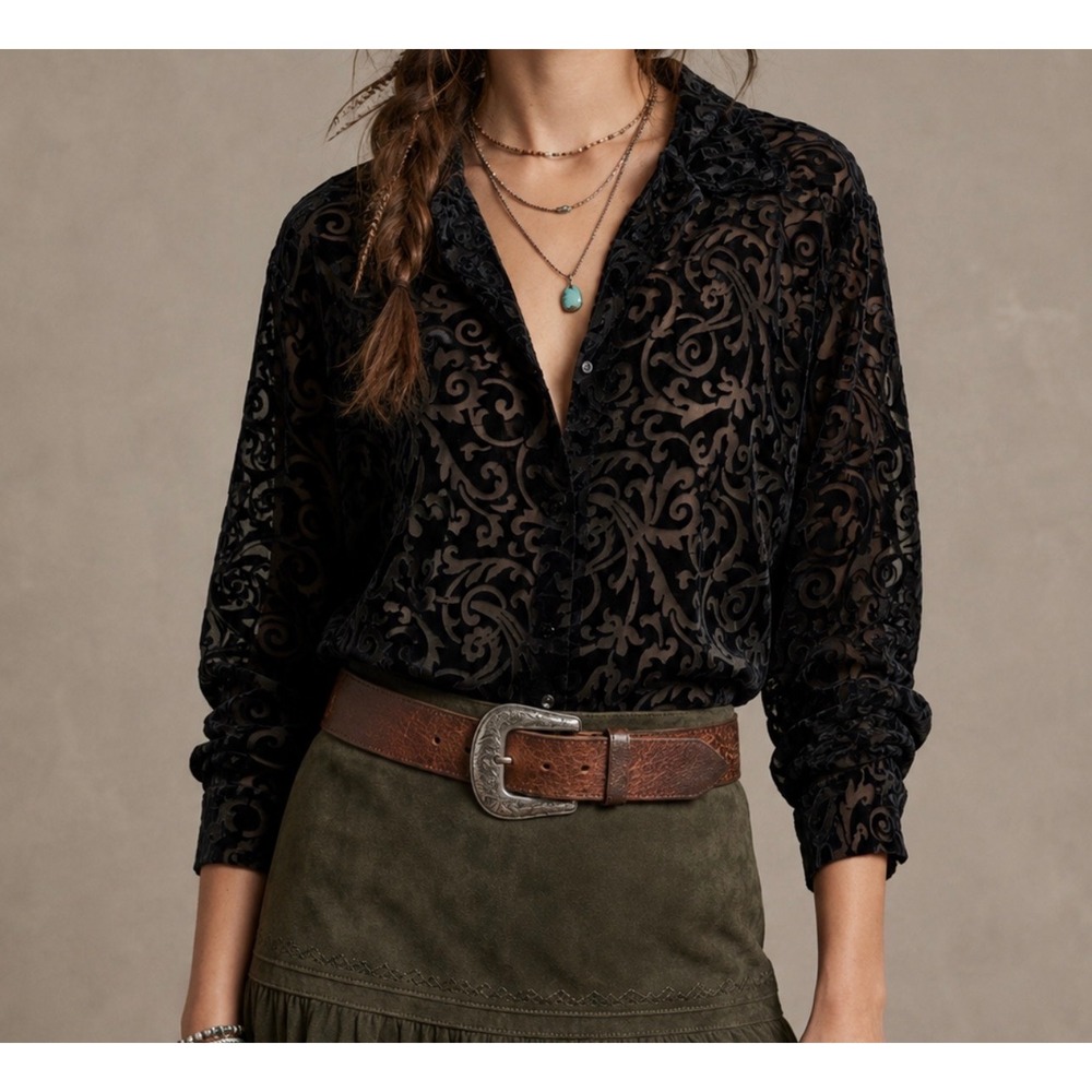 Vintage Notations Sheer Black Velvet Burnout Shirt Women L Boho Western Damask